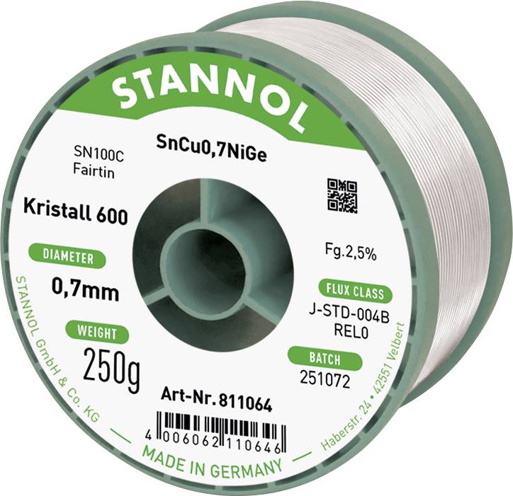 Bobine de fil à souder Stannol Kristall 600 étiqueté SnCu0.7NiGe, diamètre 0,7 mm, poids 250 g, fabriqué en Allemagne.