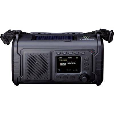 Radio numérique Lenco portable avec haut-parleur intégré, poignée, antenne et panneau de commande affichant les informations DAB et de la station de radio.
