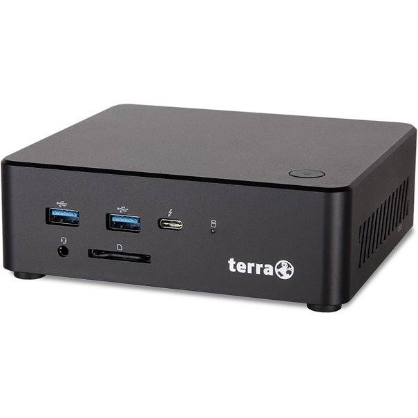Mini PC Terra noir compact avec ports USB à l'avant, prise casque, lecteur de carte et bouton d'alimentation sur un fond blanc uni.