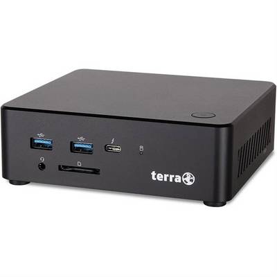 Mini PC Terra noir compact avec ports USB à l'avant, prise casque, lecteur de carte et bouton d'alimentation sur un fond blanc uni.