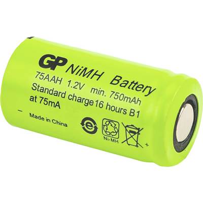 Batterie AA rechargeable NiMH Green GP étiquetée 750mAh, 1.2V, avec symboles de charge et de recyclage.