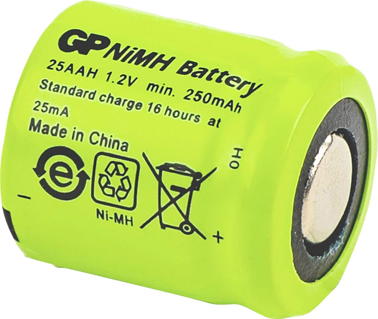 Batterie rechargeable NiMH Green GP étiqueté '25AAH 1.2V min. 250mAh', avec symboles de recyclage et d'élimination.