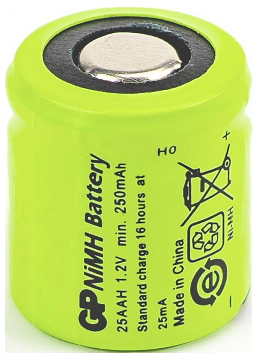 Cellule de batterie rechargeable NiMH Green GP étiquetée '1,2V min. 250mAh' et 'Made in China' sur un fond blanc.