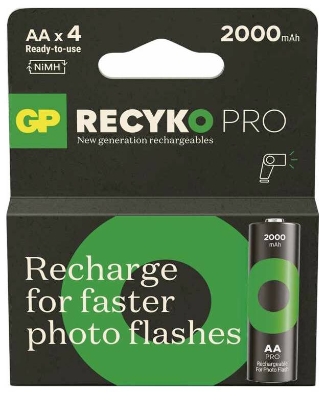 Paquet de piles AA rechargeables NiMH GP Recyko Pro, 2000 mAh, publicité « Recharge pour des flashes photo plus rapides ».