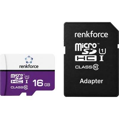 Carte microSD et adaptateur SD de marque « renkforce », affichant une capacité de 16 Go et une classification de vitesse Class 10 U1.