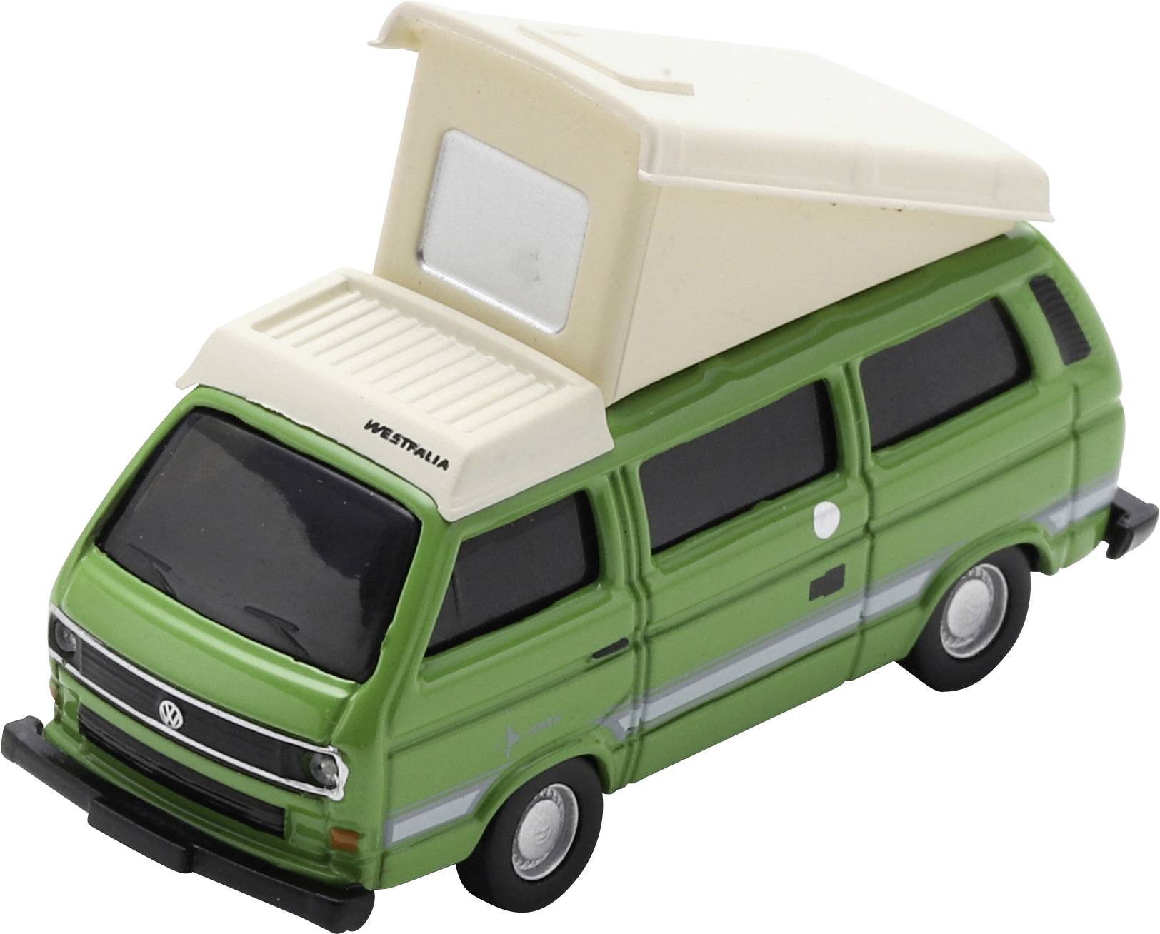 Petit camping-car Volkswagen vert avec toit escamotable beige, présenté en vue trois-quarts sur fond blanc.