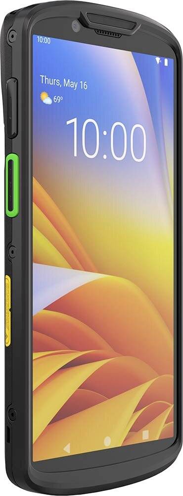 Smartphone noir robuste avec grand écran affichant 10:00 et jeudi 16 mai météo, dans une coque de protection avec boutons latéraux verts et jaunes.