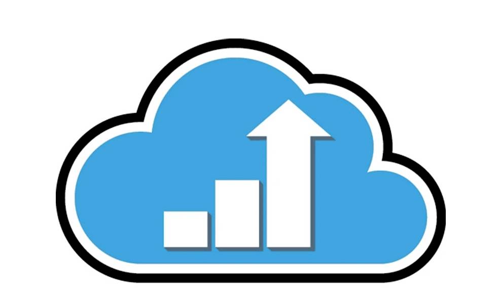 Icône de cloud bleu avec un graphique en barres croissant et une flèche vers le haut, symbolisant la croissance du cloud ou l'amélioration des performances.