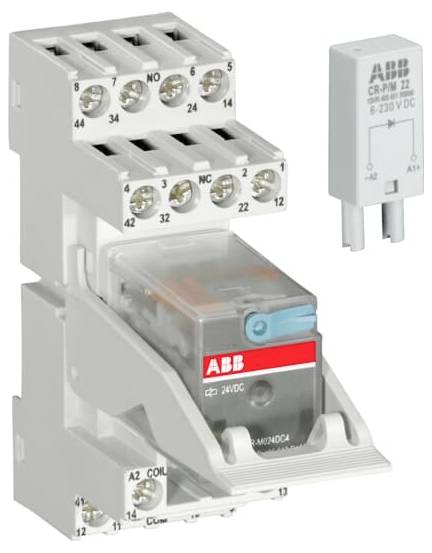Contacteur électrique ABB avec relais, socle et module enfichable, montrant les bornes numérotées et les connexions de bobine.