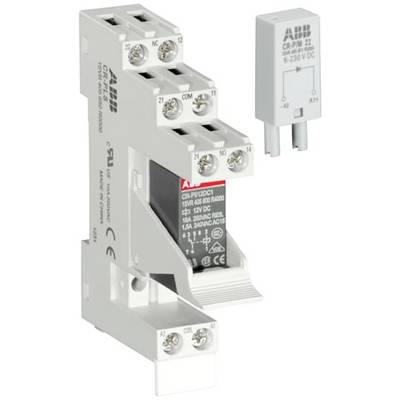 Gros plan de la base de relais ABB et du module de relais enfichable avec bornes à vis, étiqueté 6-230 V DC et spécifications des contacts.