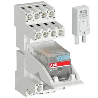 Module relais enfichable ABB avec couvercle transparent et bornes à vis, montré avec une unité de bobine de relais séparée étiquetée « ABB » et « 6-230 V DC ».