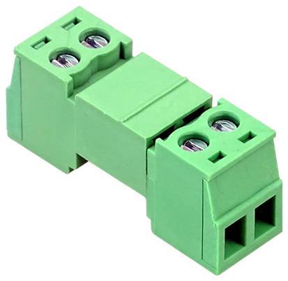 Adaptateur de connecteur à bornes à vis deux positions de couleur verte avec bornes à vis métalliques et deux ports de fil ouvert à chaque extrémité.