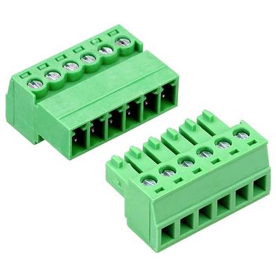 Deux connecteurs de bloc de bornes à vis verts sur un fond blanc, présentés sous différents angles.