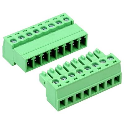 Deux connecteurs de blocs de bornes enfichables de couleur verte avec des trous de vis et plusieurs ports de câbles, présentés sur un fond blanc.