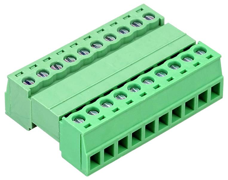 Deux blocs de bornes à vis multibroches vertes sur fond blanc.