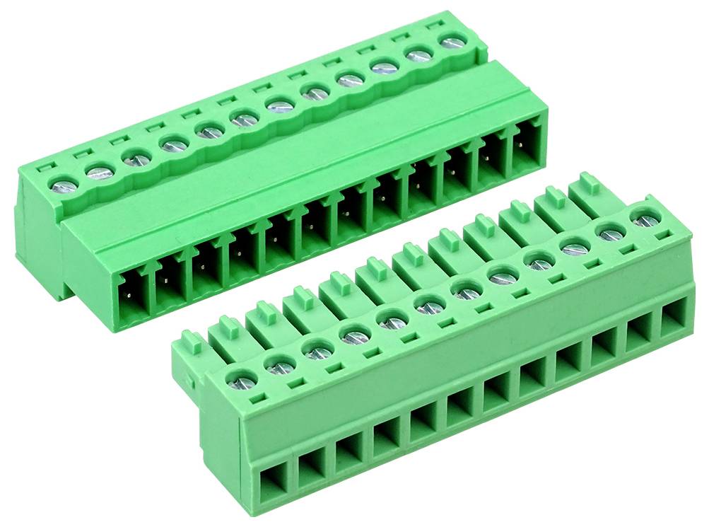Deux blocs de bornes à vis enfichables verts présentés sur un fond blanc, chacun avec plusieurs ports de connexion de câbles.