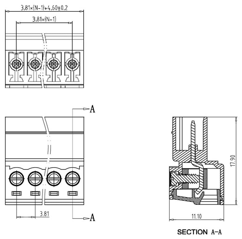 Dessin technique d'un bloc de bornes à quatre positions avec dimensions, vues de face et de dessus, et coupe A-A montrant la section transversale interne et la taille globale.