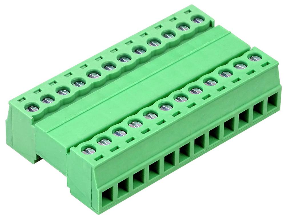 Bloc de bornes à vis à deux rangées de couleur verte avec plusieurs ports de fil, présenté sur un fond blanc.