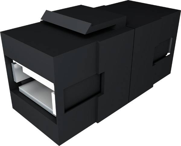 Connecteur électronique rectangulaire noir ou module de port avec ouverture frontale et loquet latéral, montré en 3D sur fond blanc