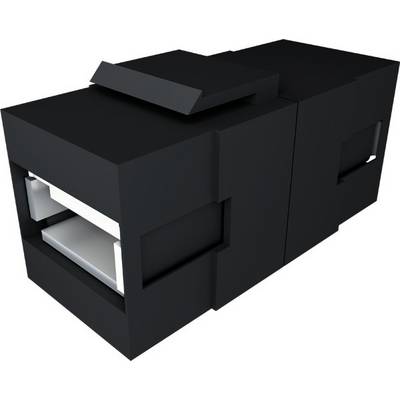 Connecteur électronique rectangulaire noir ou module de port avec ouverture frontale et loquet latéral, montré en 3D sur fond blanc