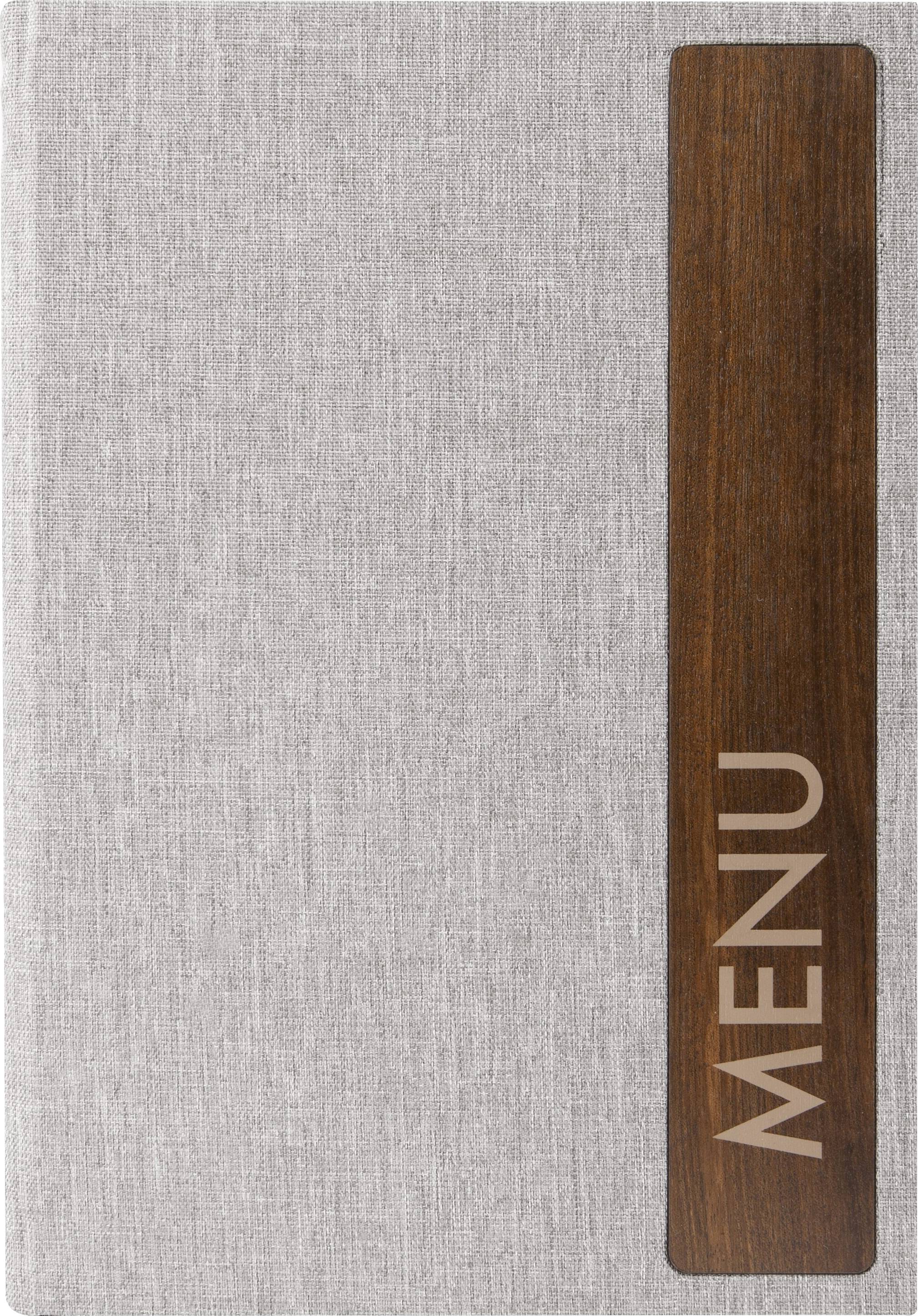 Couverture de menu en tissu gris fermée avec un panneau vertical en bois foncé étiqueté « MENU »