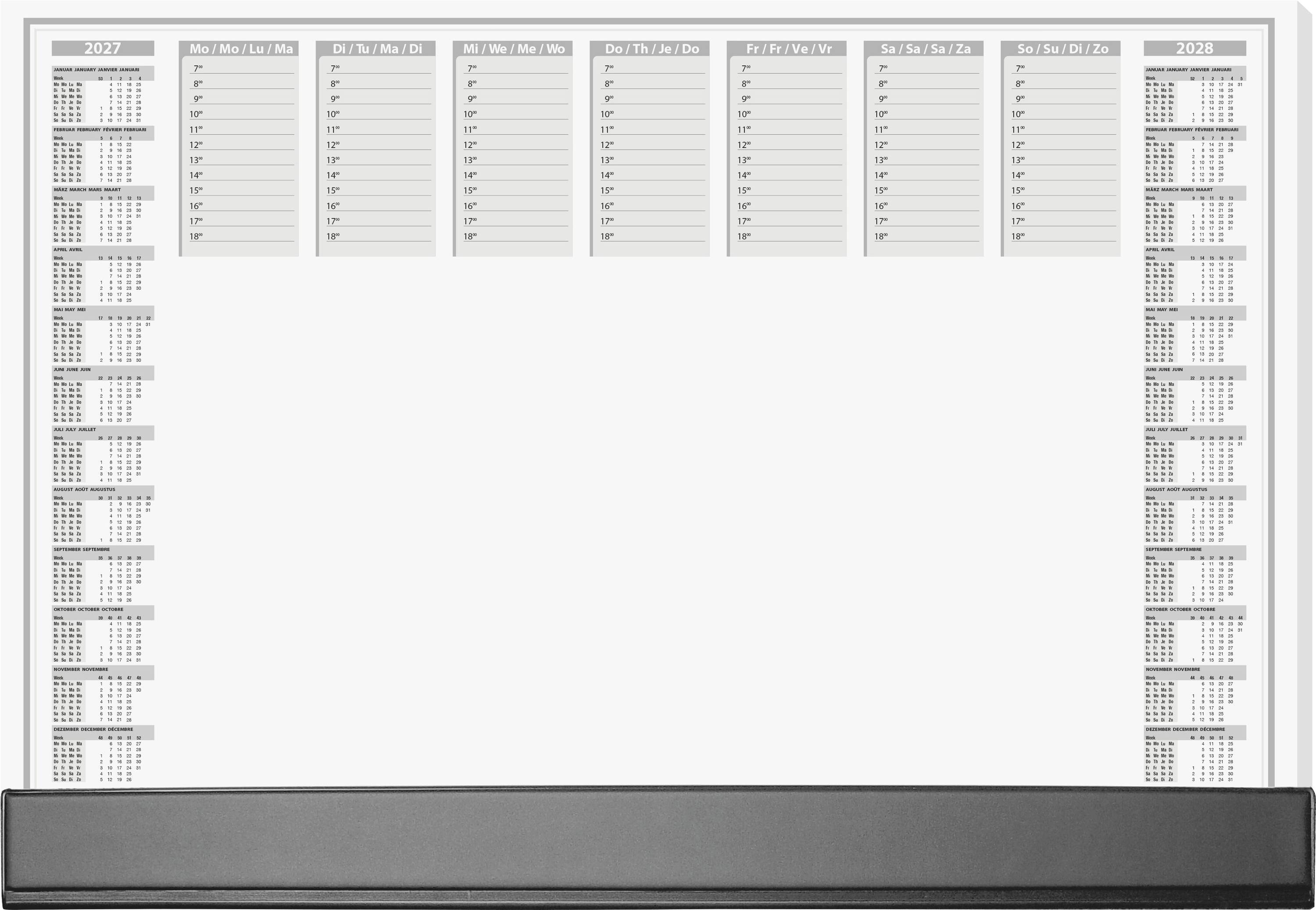 Tableau de planification annuelle vierge avec petits calendriers mensuels pour 2027 à gauche et 2028 à droite, et colonnes de jours de la semaine en haut.