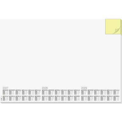 Modèle de calendrier vierge montrant les mois disposés pour 2027, 2028 et 2029 le long du bord inférieur, avec une icône de note pliée dans le coin supérieur droit.