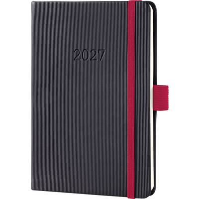 Carnet de planification 2027 noir avec couverture à nervures verticales, bande élastique rouge et ruban signet rouge.