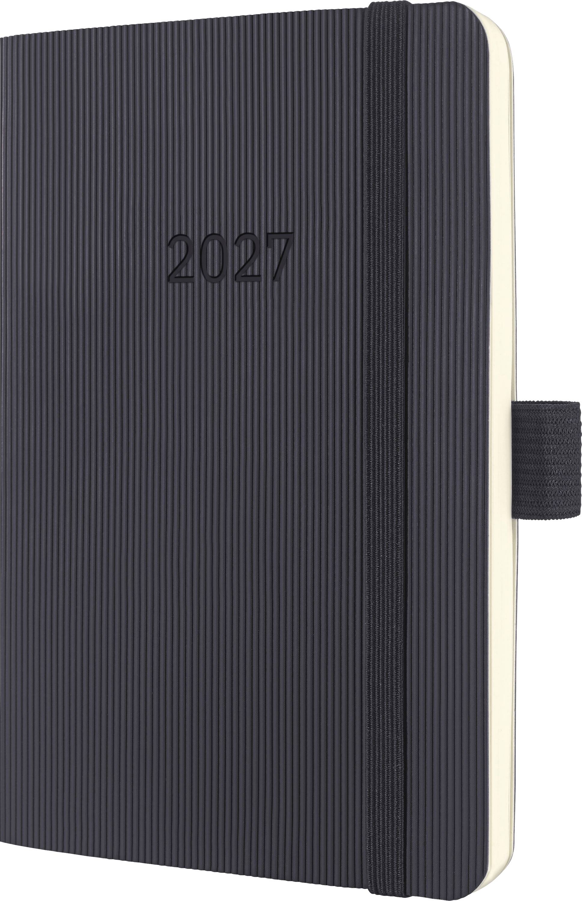 Carnet de planification 2027 à nervures noires avec coins arrondis et bande de fermeture élastique.