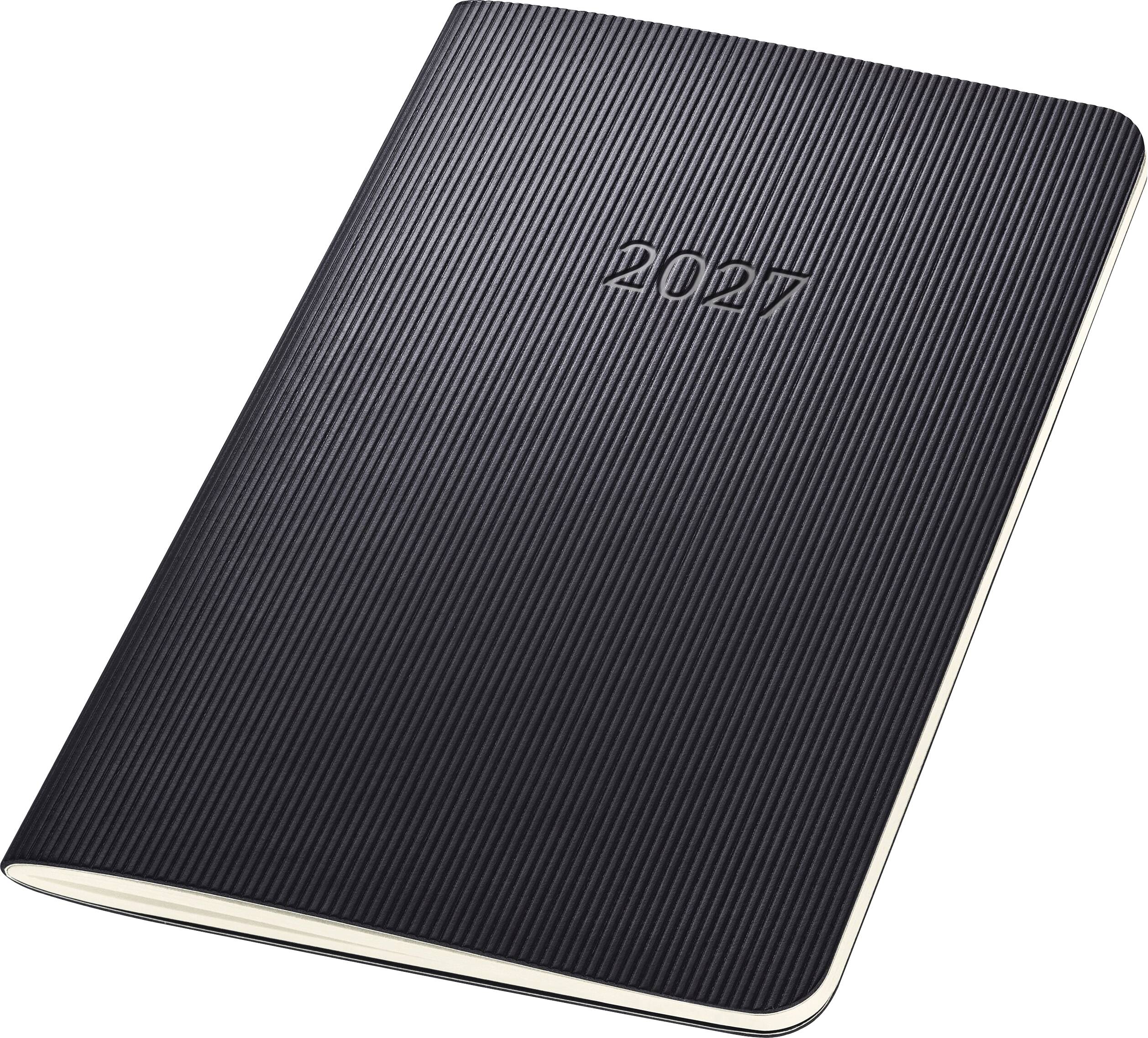 Carnet de planification 2027 noir avec fines rayures verticales et coins arrondis