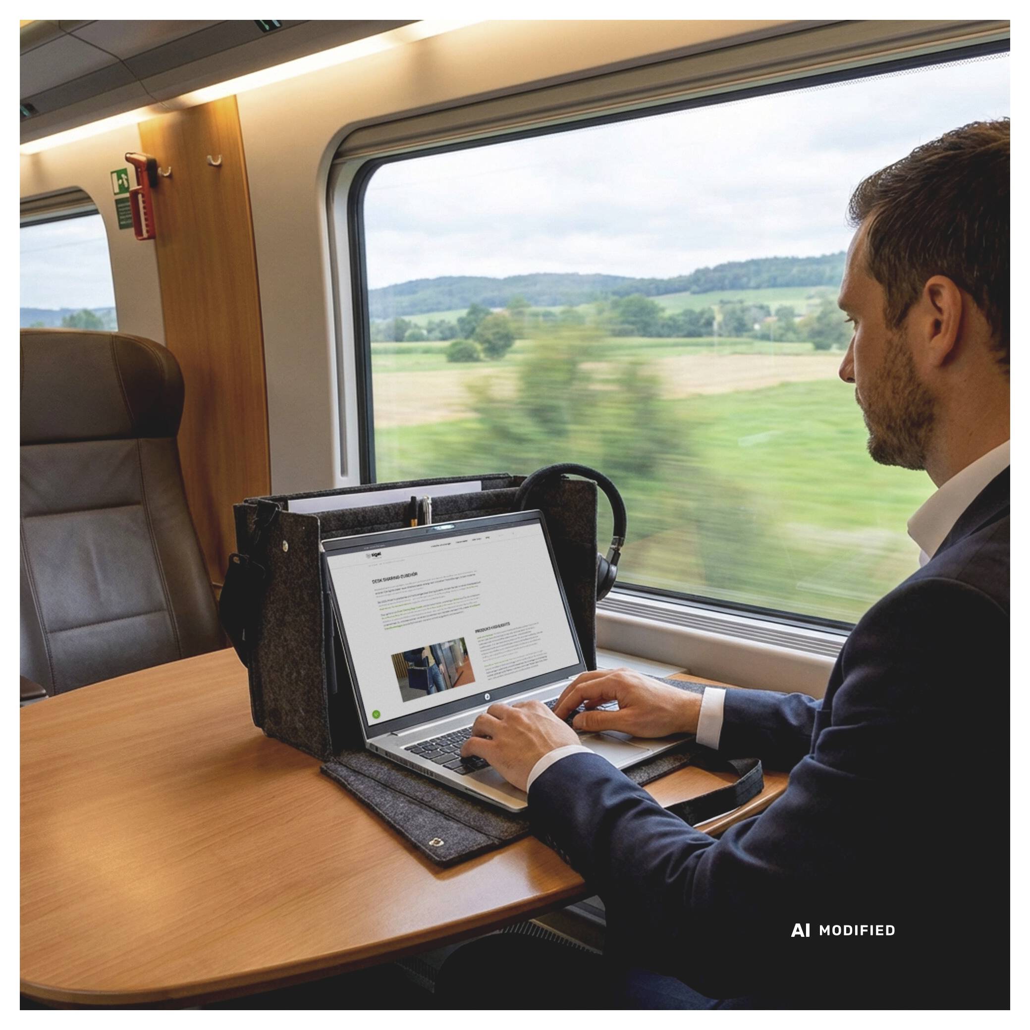 Homme d'affaires travaillant sur un ordinateur portable à une table dans un train, avec un paysage de campagne visible par la fenêtre.