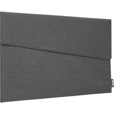 Housse pour ordinateur portable ou étui à documents en tissu gris avec fermeture à rabat et petite étiquette latérale sur fond blanc.