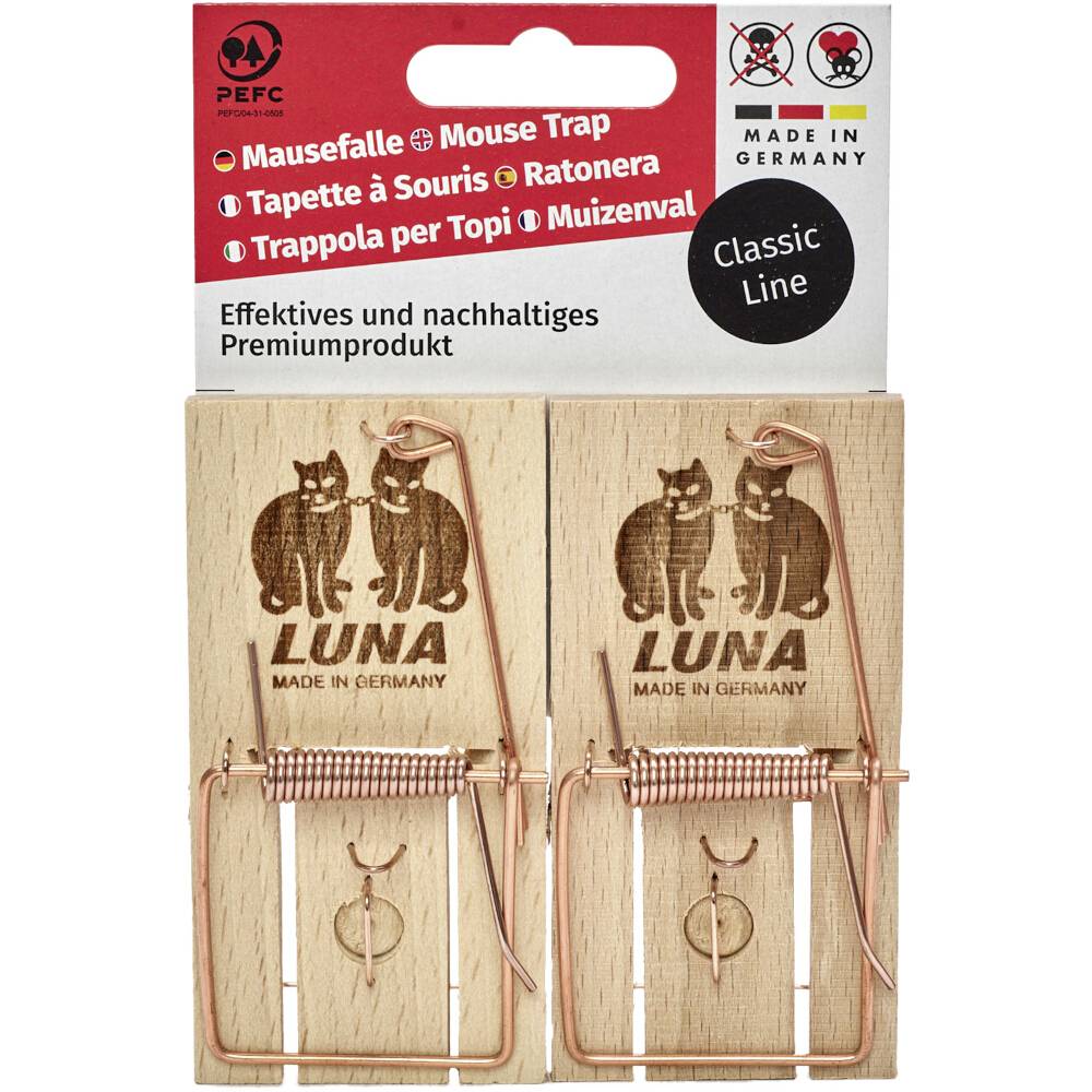 Deux pièges à souris en bois étiquetés « LUNA Made in Germany » sur un emballage de vente au détail marqué « Mouse Trap » et « Classic Line ».