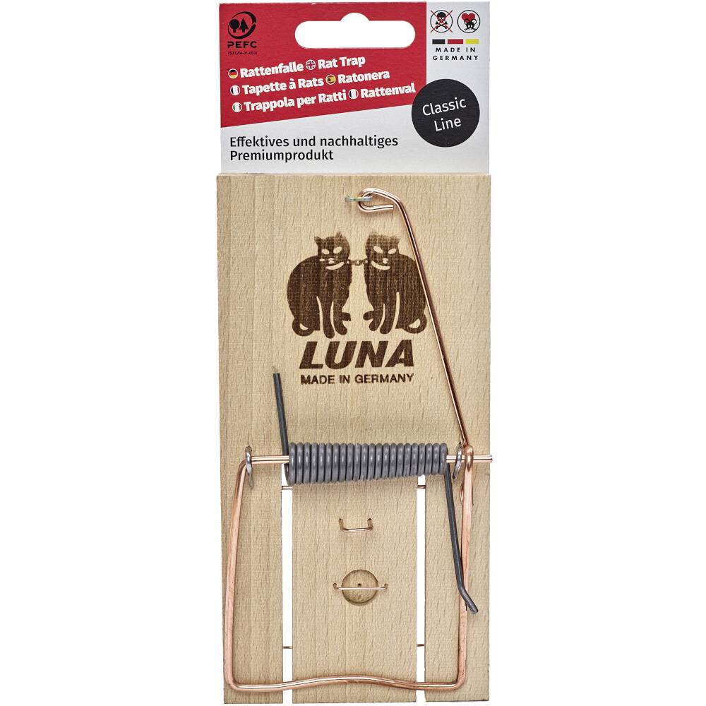 Paquet pour piège à rats LUNA, étiqueté « Classic Line » et « Fabriqué en Allemagne », montrant un piège à ressort en bois avec cadre en fil métallique.