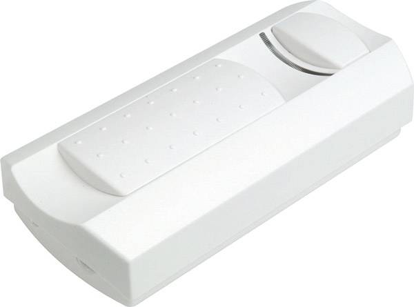 Appareil électronique blanc avec un grand bouton poussoir texturé et un cadran courbe, présenté en isolé sur fond blanc.