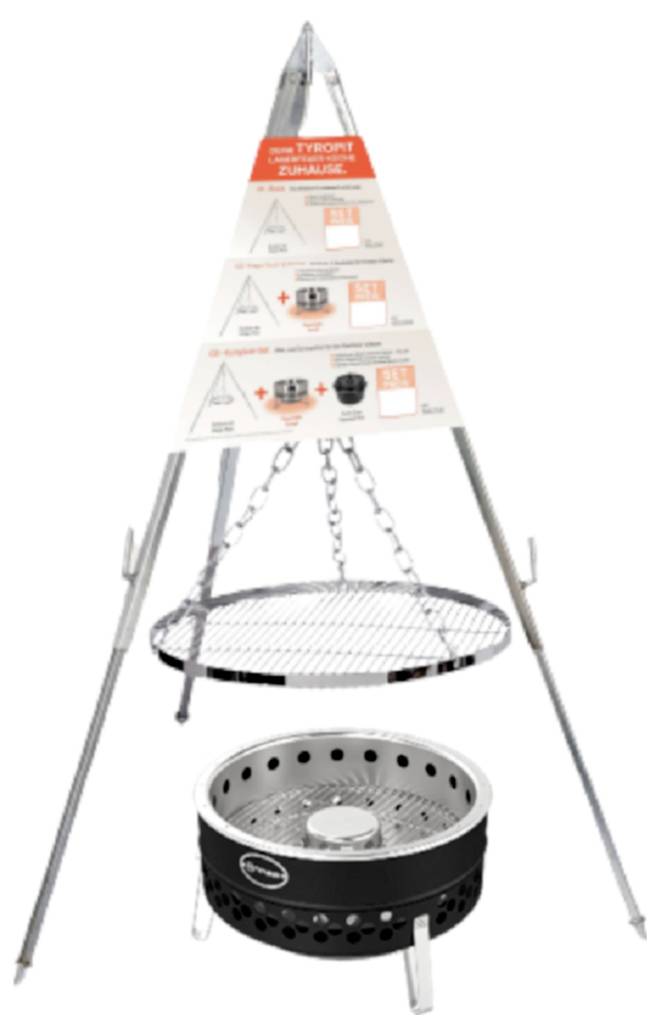 Un support trépied en métal avec une grille de barbecue suspendue par une chaîne au-dessus d'un foyer de charbon de bois portable, présenté comme un affichage de produit.