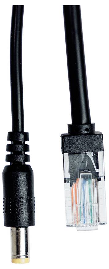 Câble noir avec une fiche cylindrique CC à une extrémité et un connecteur Ethernet RJ45 à l'autre extrémité.