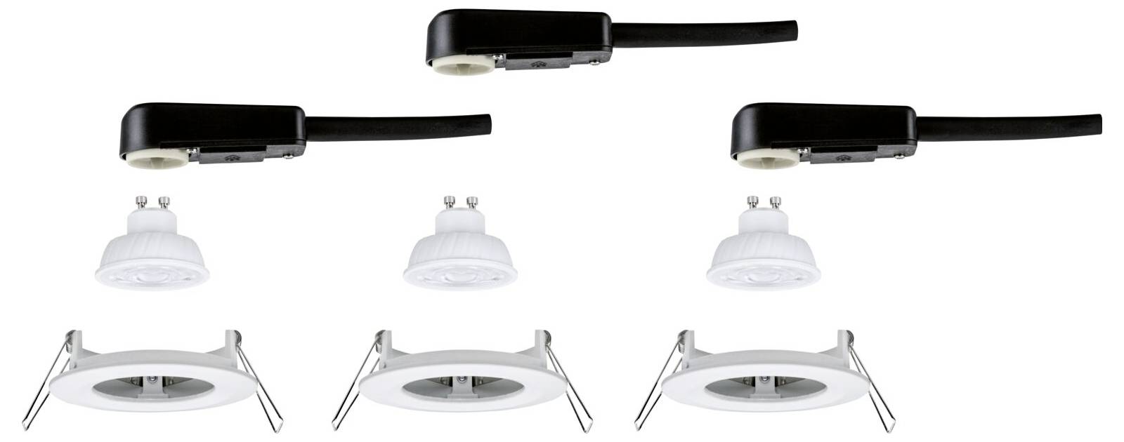 Trois luminaires d'éclairage encastrés présentés dans une disposition simple, chacun avec une tête de rail noire au-dessus d'une garniture de lumière encastrée blanche, illustrant différents types de luminaires.