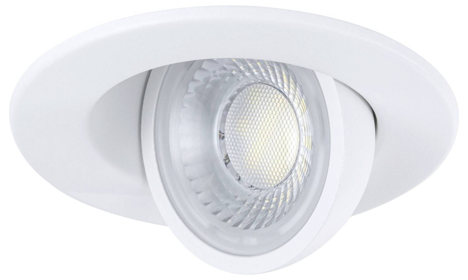 Projecteur de plafond encastré blanc avec ampoule LED circulaire et garniture intérieure réglable, présenté sur un fond blanc.