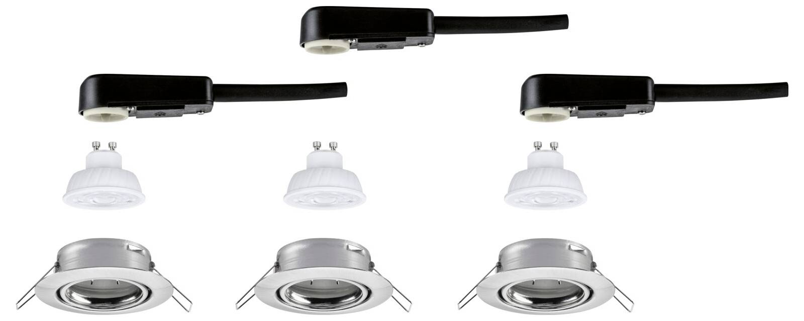 Trois luminaires de plafond encastrés présentés selon différents composants et orientations, illustrant le boîtier, la garniture et l'ensemble ampoule.
