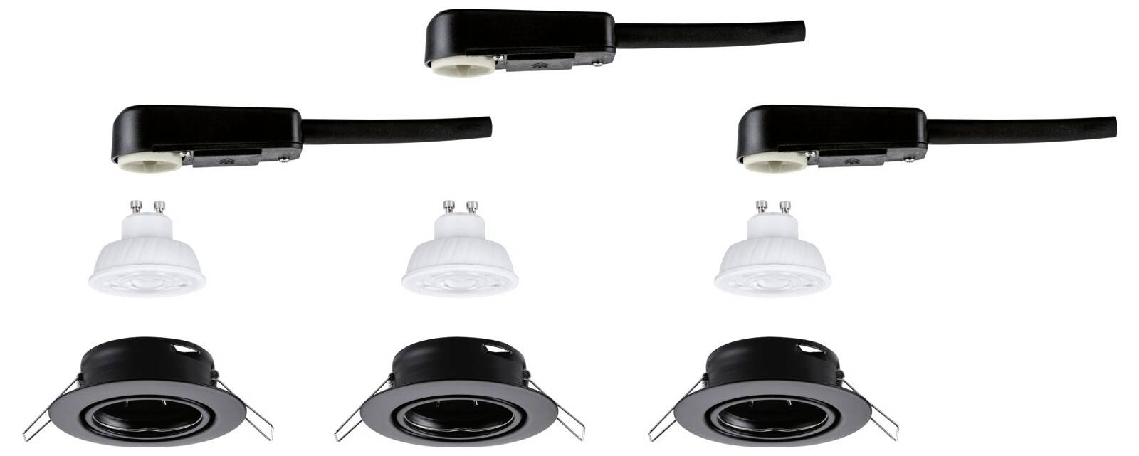 Image de produit montrant trois luminaires de plafond encastrés noirs, chacun accompagné d'une ampoule blanche et d'une bague de finition, présentés sur un fond blanc.