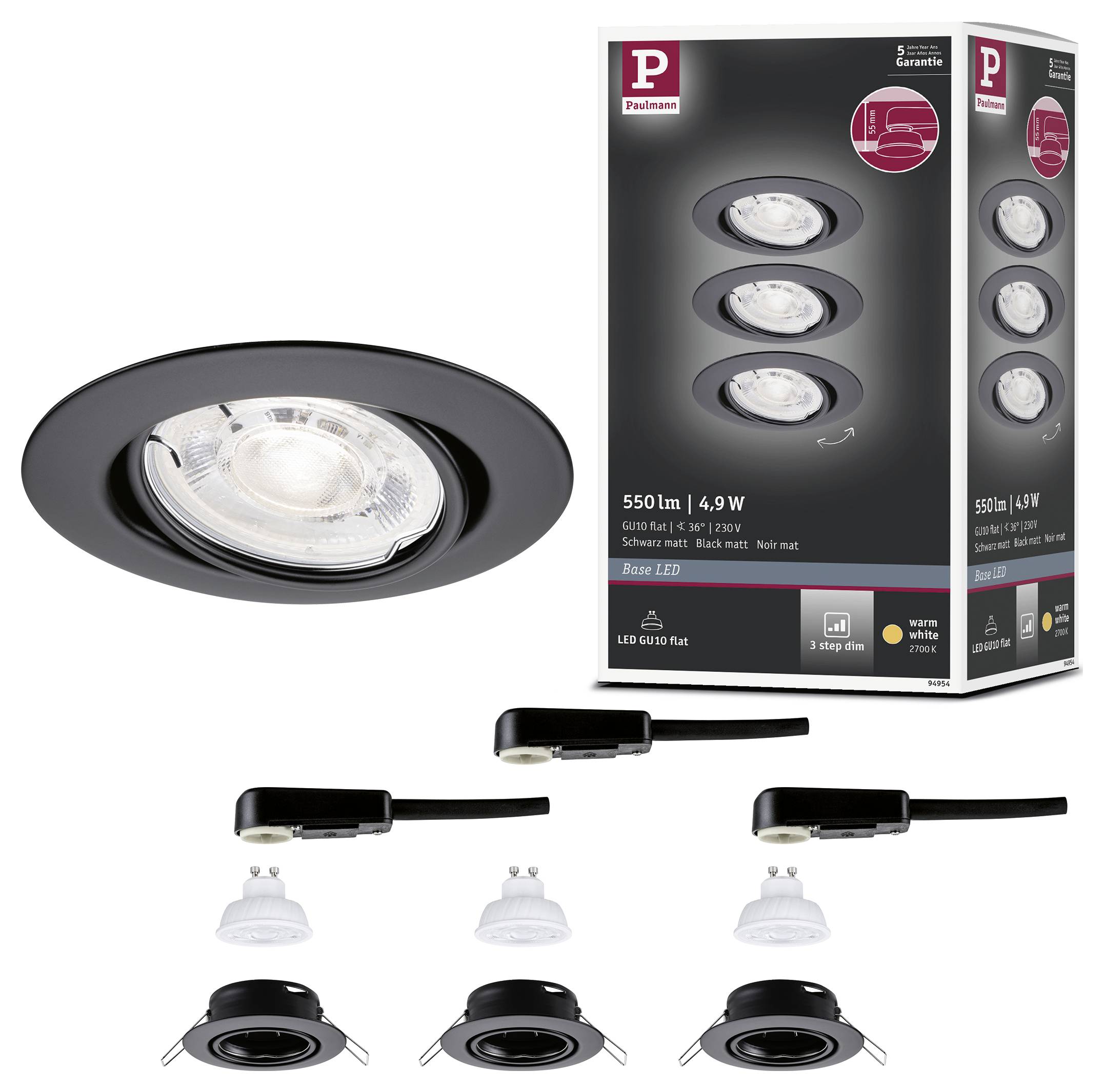 Image produit de luminaires encastrés LED noirs, présentée en gros plan avec emballage et vues multiples des appareils, étiqueté 550 lm, 4,9 W et blanc chaud.