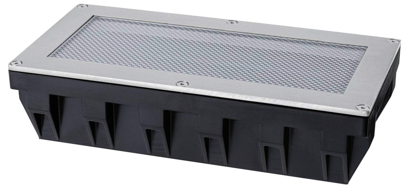 Un évent de toit rectangulaire noir ou un couvercle d'échappement avec un sommet grillagé et des côtés fendus sur un fond blanc.