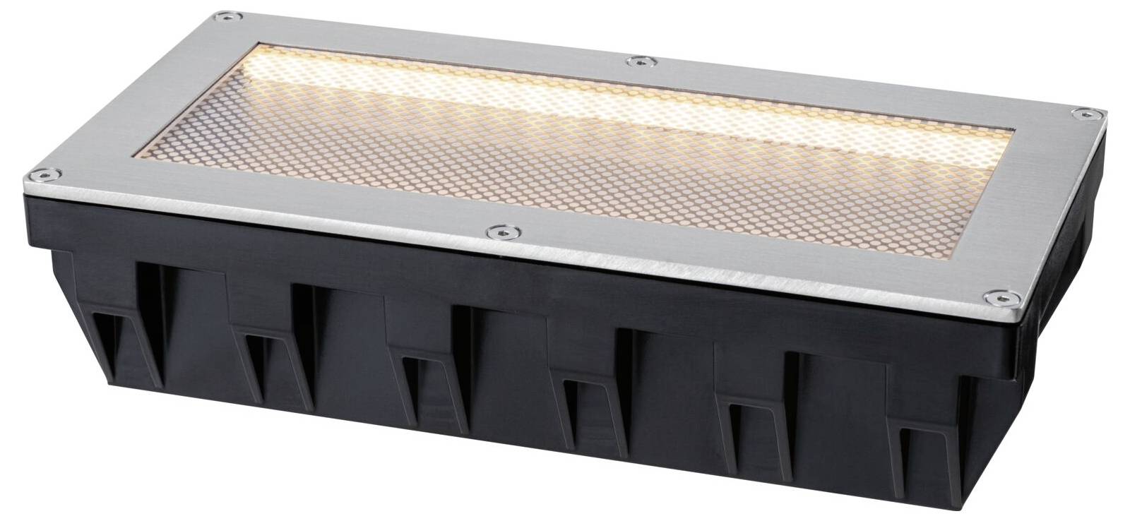 Luminaire d'extérieur rectangulaire au sol avec grille métallique allumée et boîtier noir ventilé, présenté sur fond blanc.