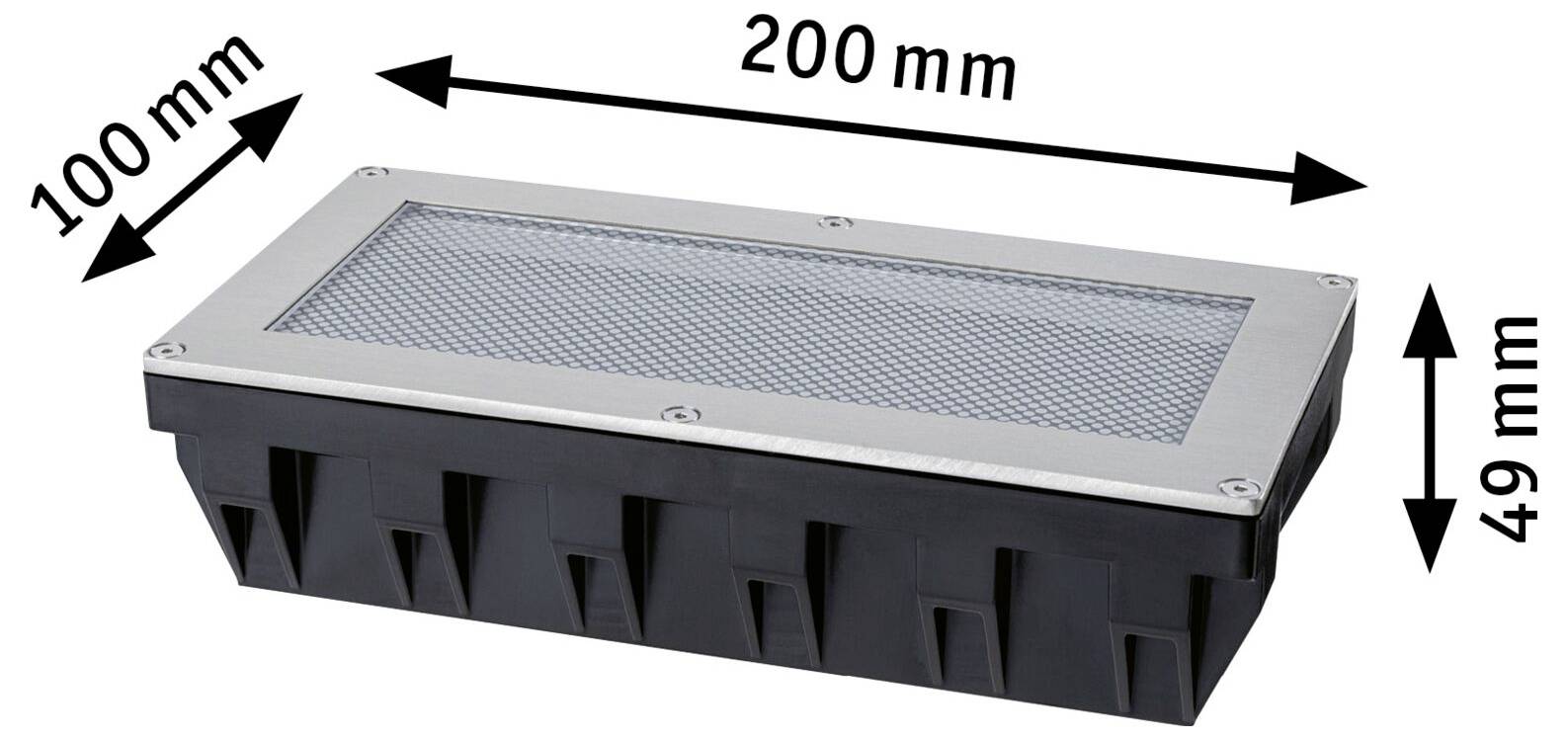 Luminaire de sol encastré rectangulaire avec grille métallique, étiqueté 200 mm de largeur, 100 mm de profondeur et 49 mm de hauteur.