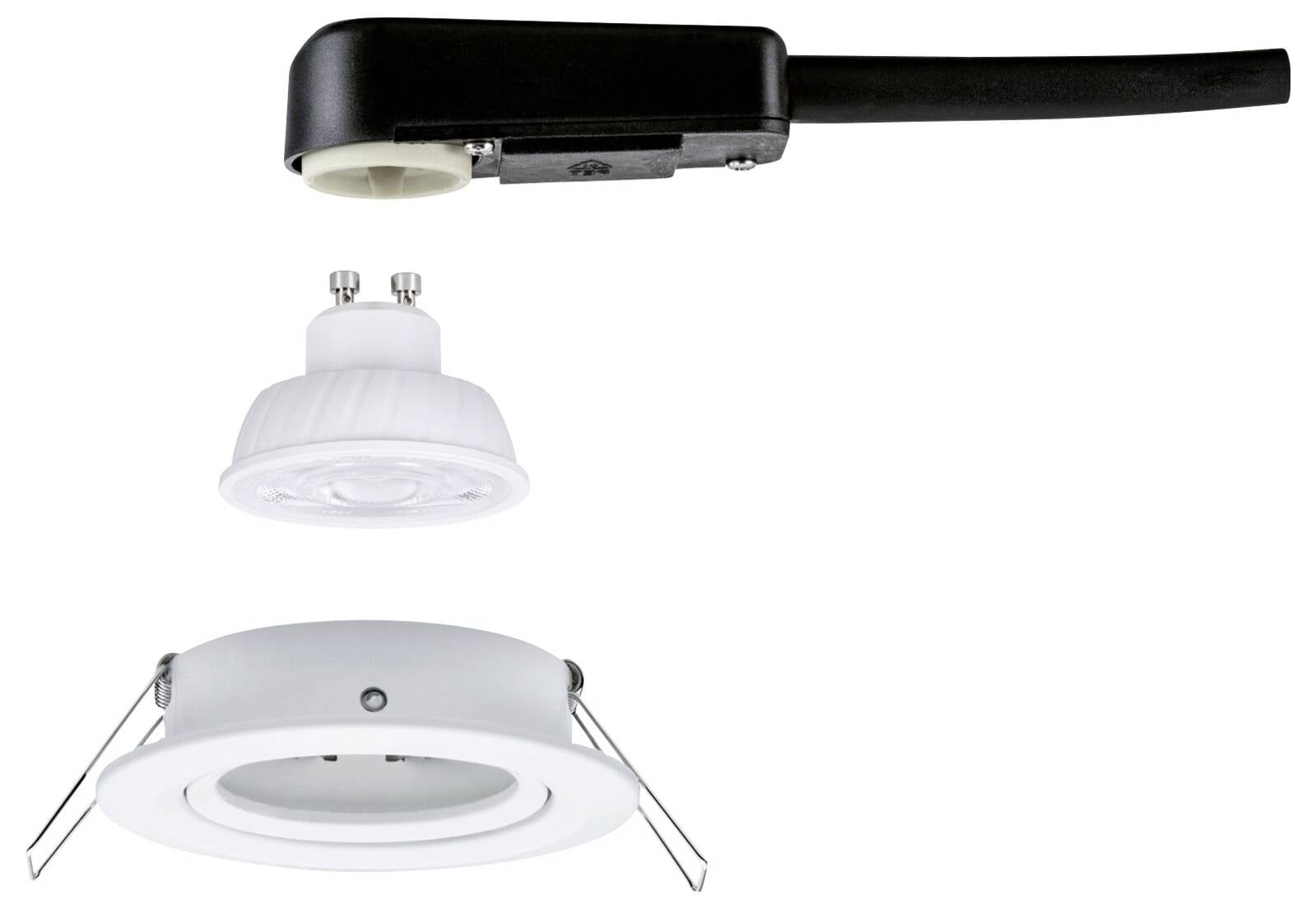 Trois luminaires à LED blanches et une tête de projecteur de voie noire présentés sur un fond blanc.