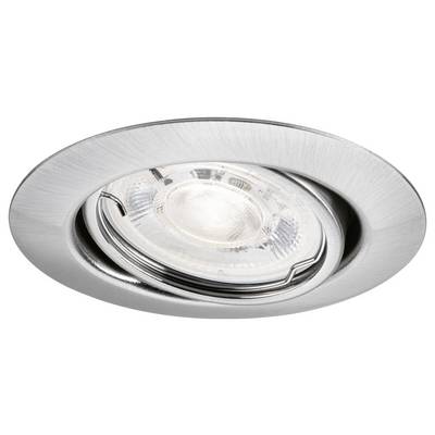 Gros plan d'un luminaire de plafond encastré en métal brossé de forme ronde avec une lentille d'ampoule transparente.