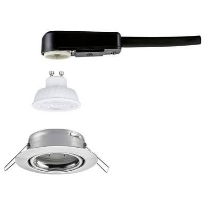 Trois parties d'un kit d'éclairage encastré : boîtier noir, adaptateur de douille blanc et anneau de garniture de projecteur argenté.