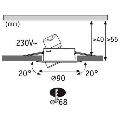Schéma d'installation technique d'un luminaire encastré 230V, montrant une découpe de 90 mm, une plage d'inclinaison de 20°, et des dégagements minimums supérieurs à 40 mm et supérieurs à 55 mm.