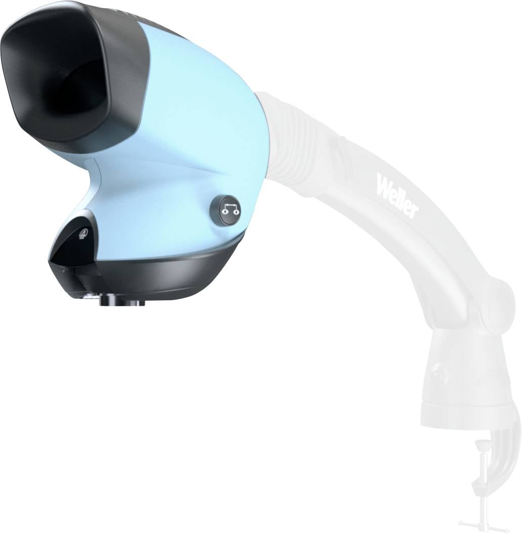 Embout d'attache bleu et noir sur un bras de machine Welter blanc sur un fond uni.